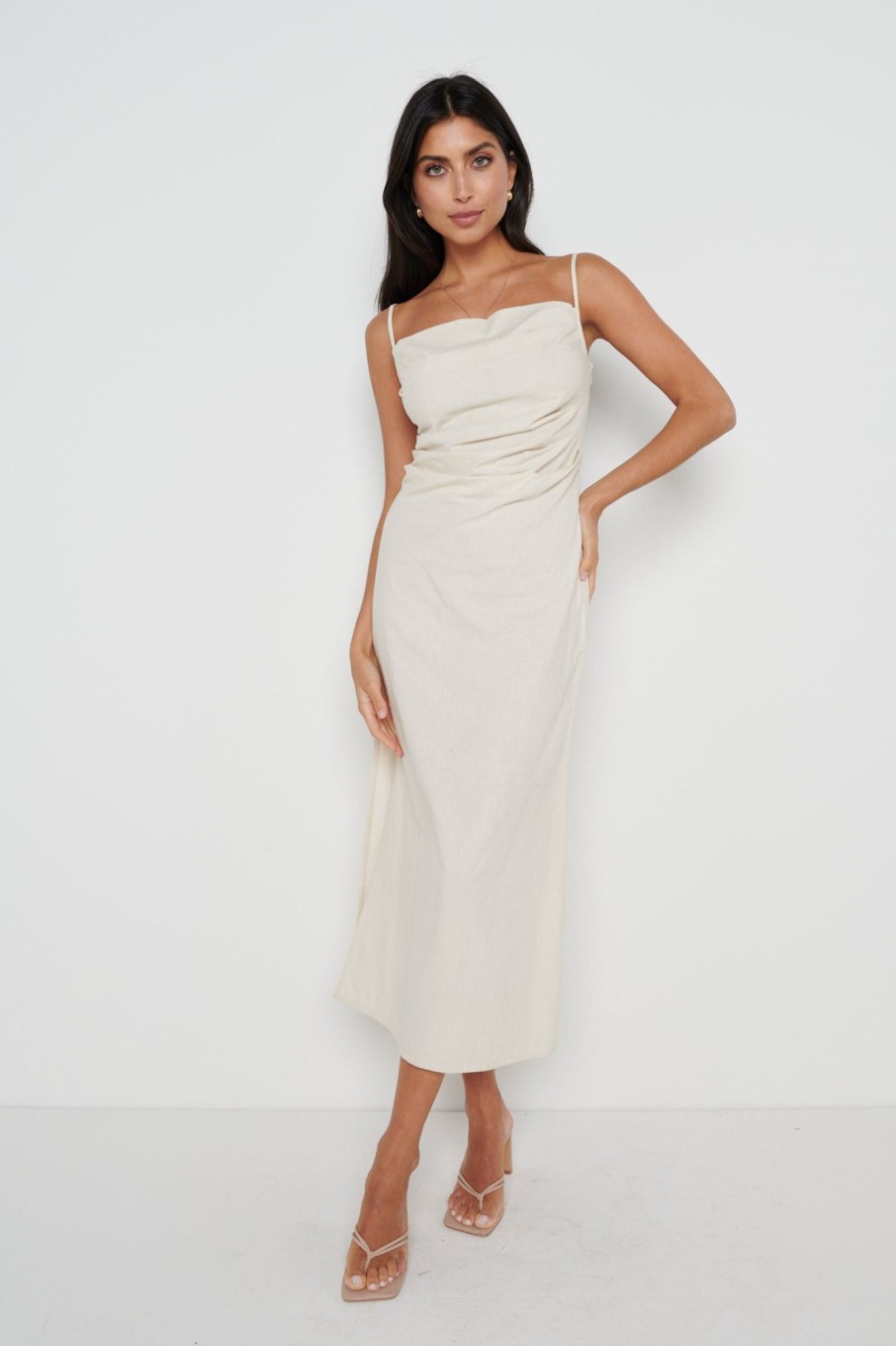 Clothing Pretty Lavish | Keisha Ruched Midaxi Dress Sand