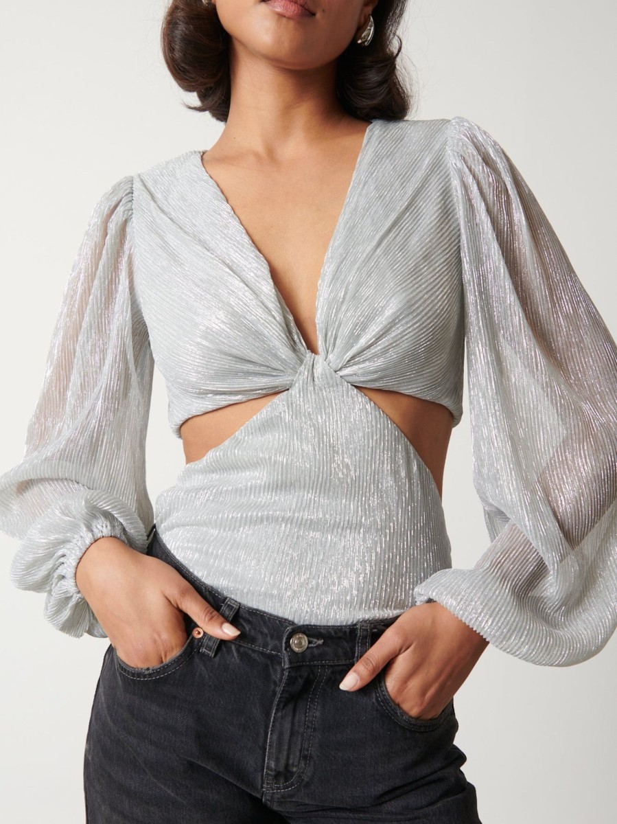 Clothing Pretty Lavish | Josie Metallic Blouse Silver