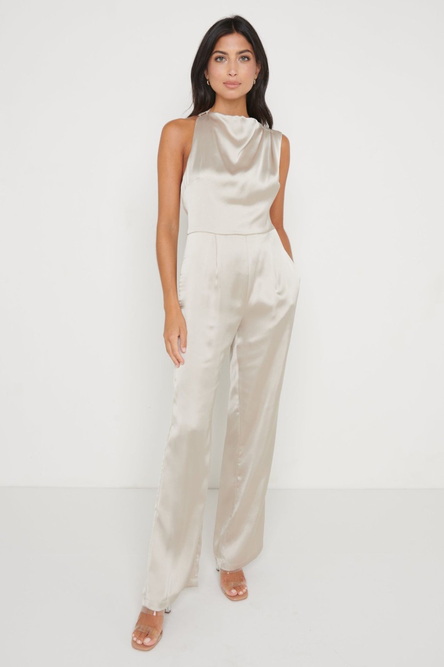 Clothing Pretty Lavish | Jett Backless Jumpsuit Taupe