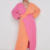 Clothing Pretty Lavish | Frieda Knot Contrast Dress Curve Orange And Pink