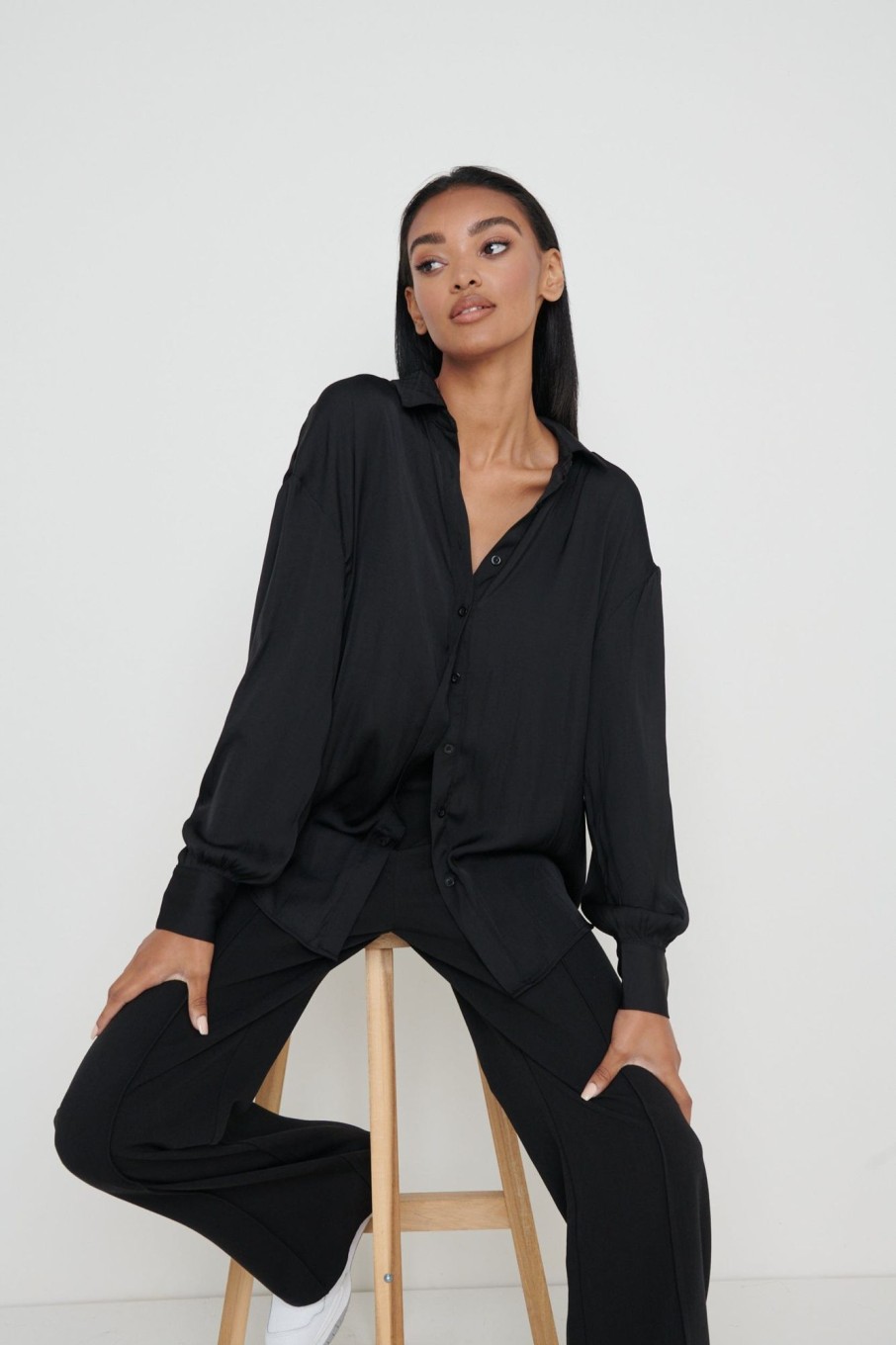 Clothing Pretty Lavish | Amira Satin Shirt Black