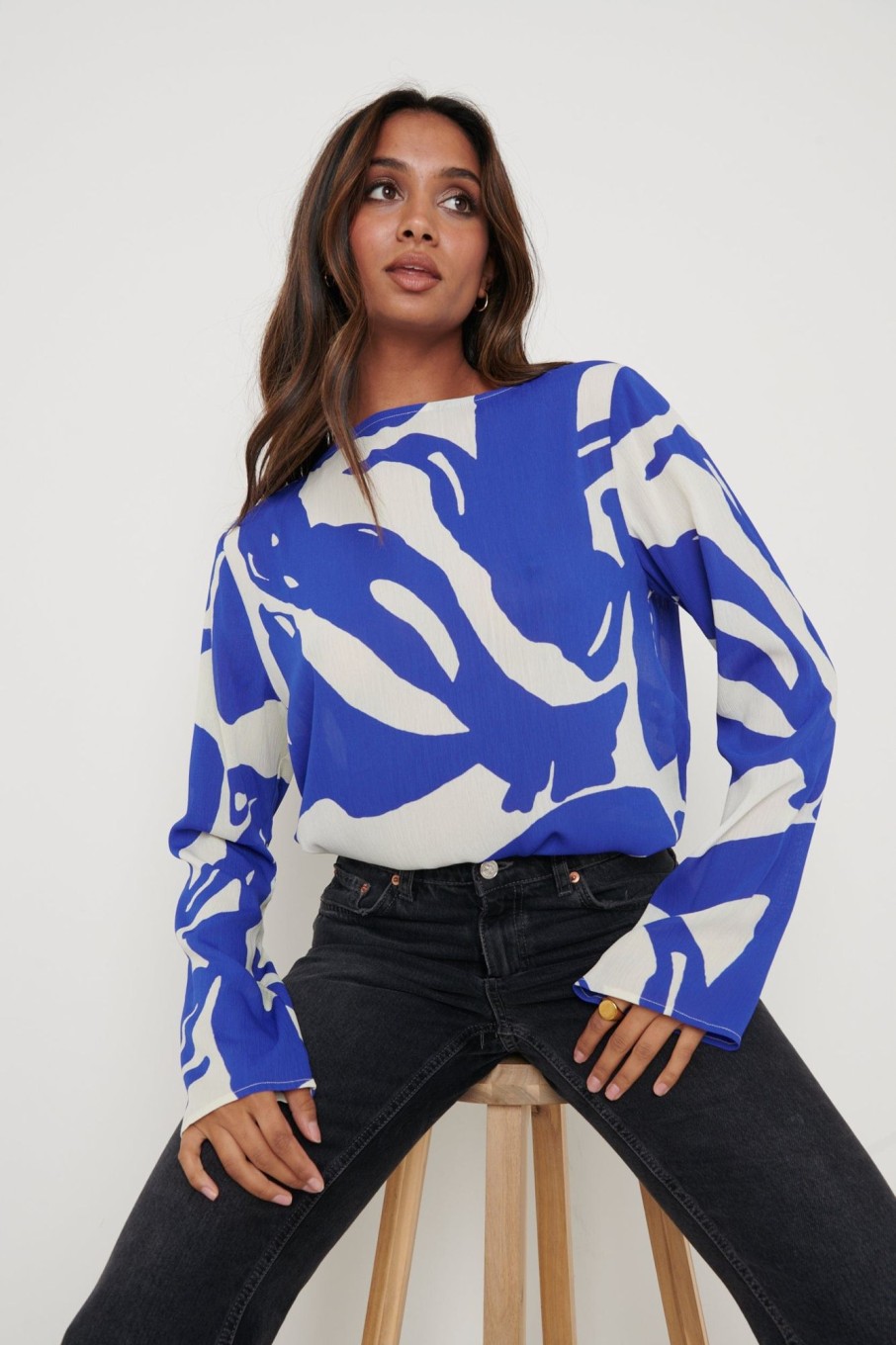 Clothing Pretty Lavish | Taylor Textured Printed Top Blue Abstract