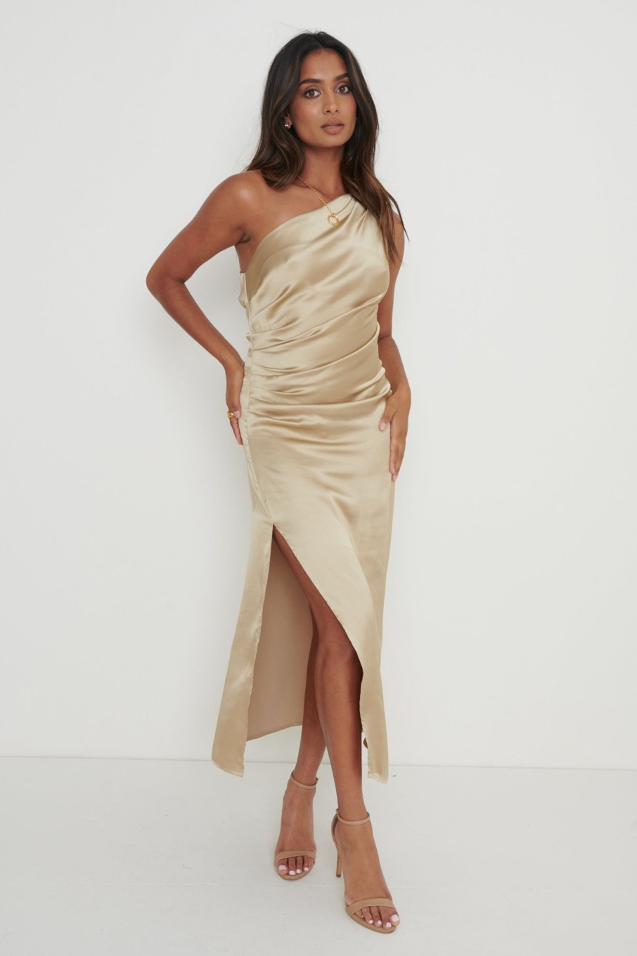 Clothing Pretty Lavish | Amelia One Shoulder Ruched Satin Dress Gold