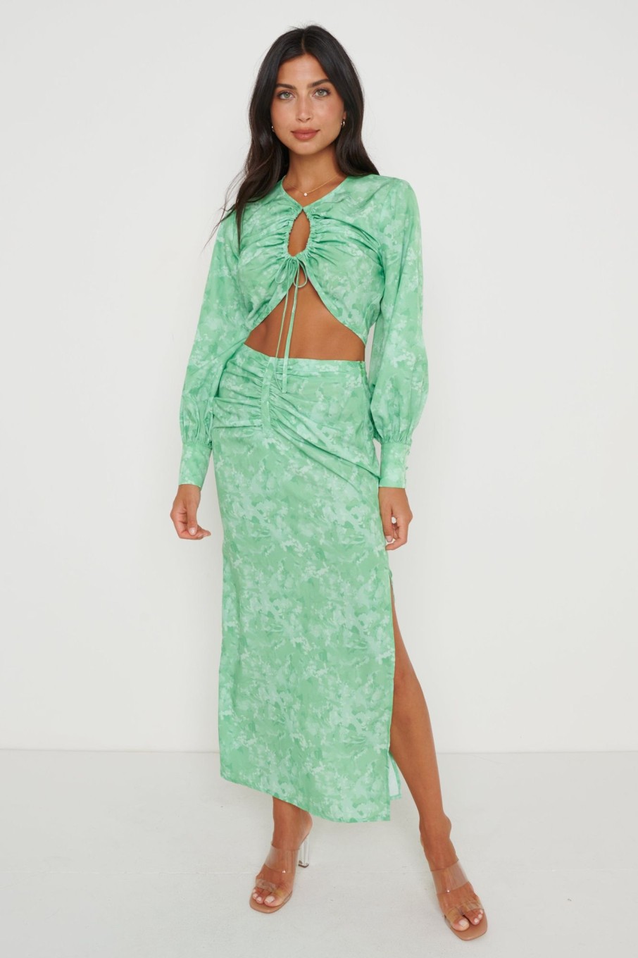 Clothing Pretty Lavish | Bec Ruched Waist Midaxi Skirt Green Abstract Floral