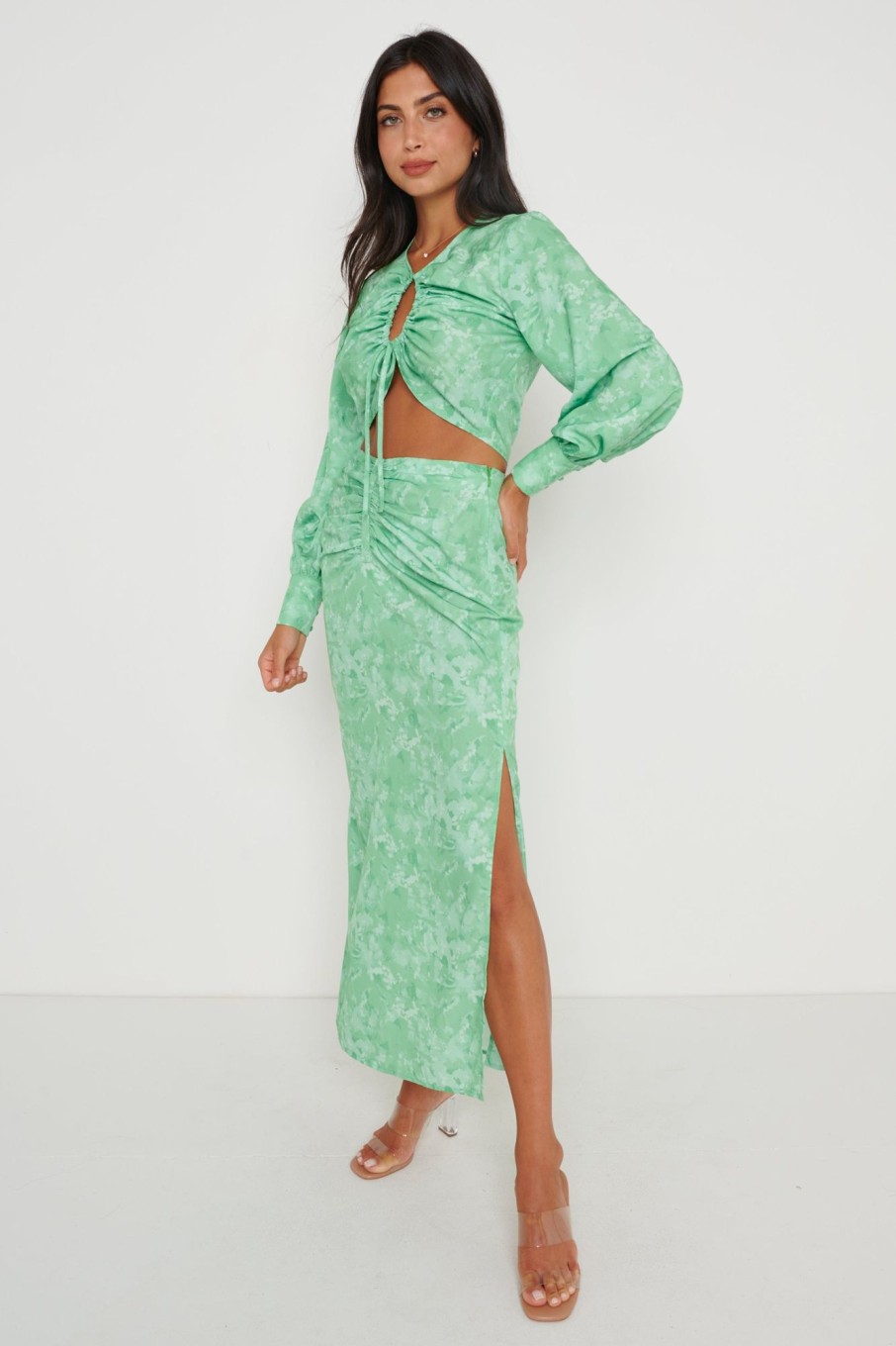 Clothing Pretty Lavish | Bec Ruched Waist Midaxi Skirt Green Abstract Floral