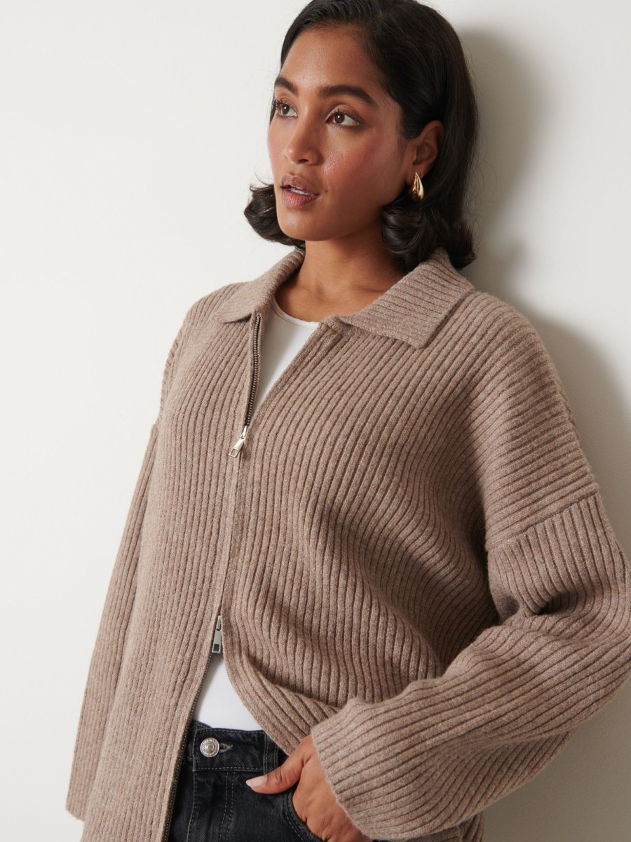 Clothing Pretty Lavish | Carla Zipped Knit Jumper Brown