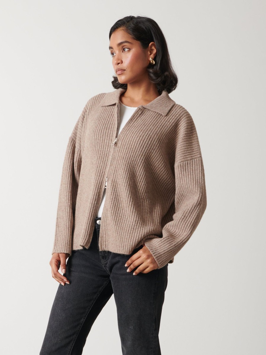 Clothing Pretty Lavish | Carla Zipped Knit Jumper Brown