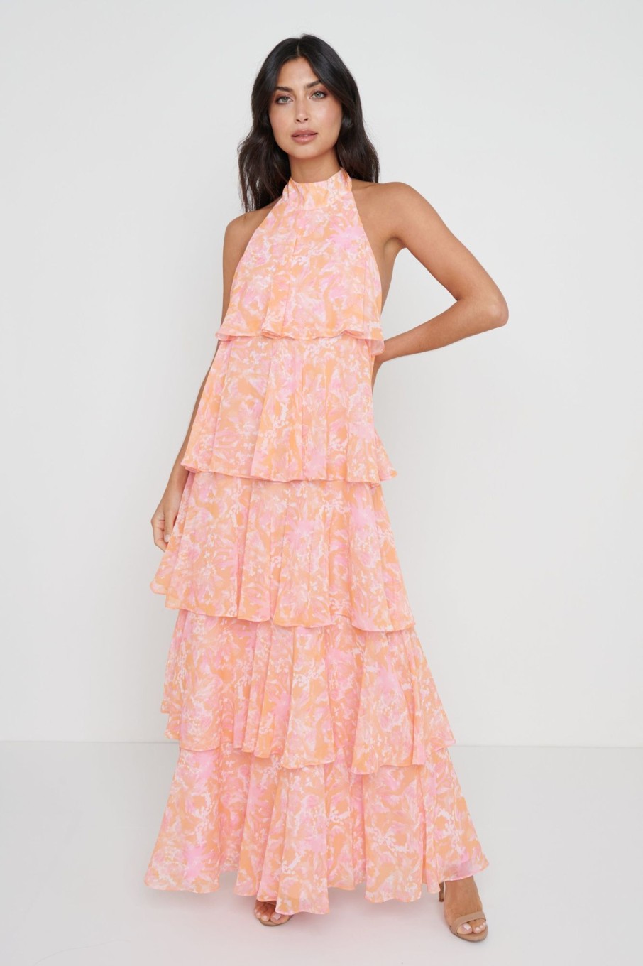 Clothing Pretty Lavish | Thea Halter Neck Ruffle Dress Pink Floral