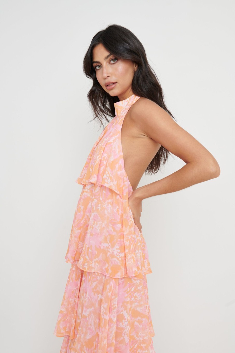 Clothing Pretty Lavish | Thea Halter Neck Ruffle Dress Pink Floral