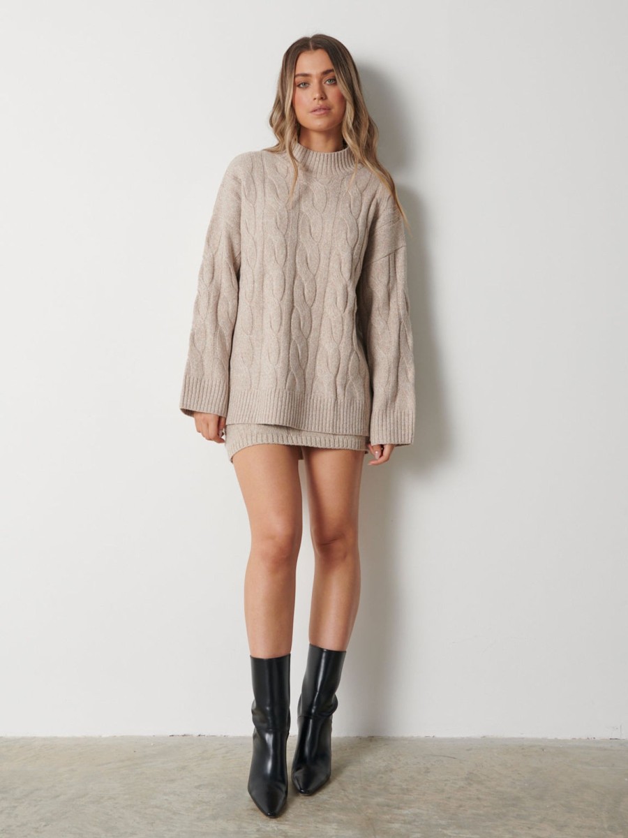 Clothing Pretty Lavish | Caprice Cable Knit Roll Neck Jumper Beige