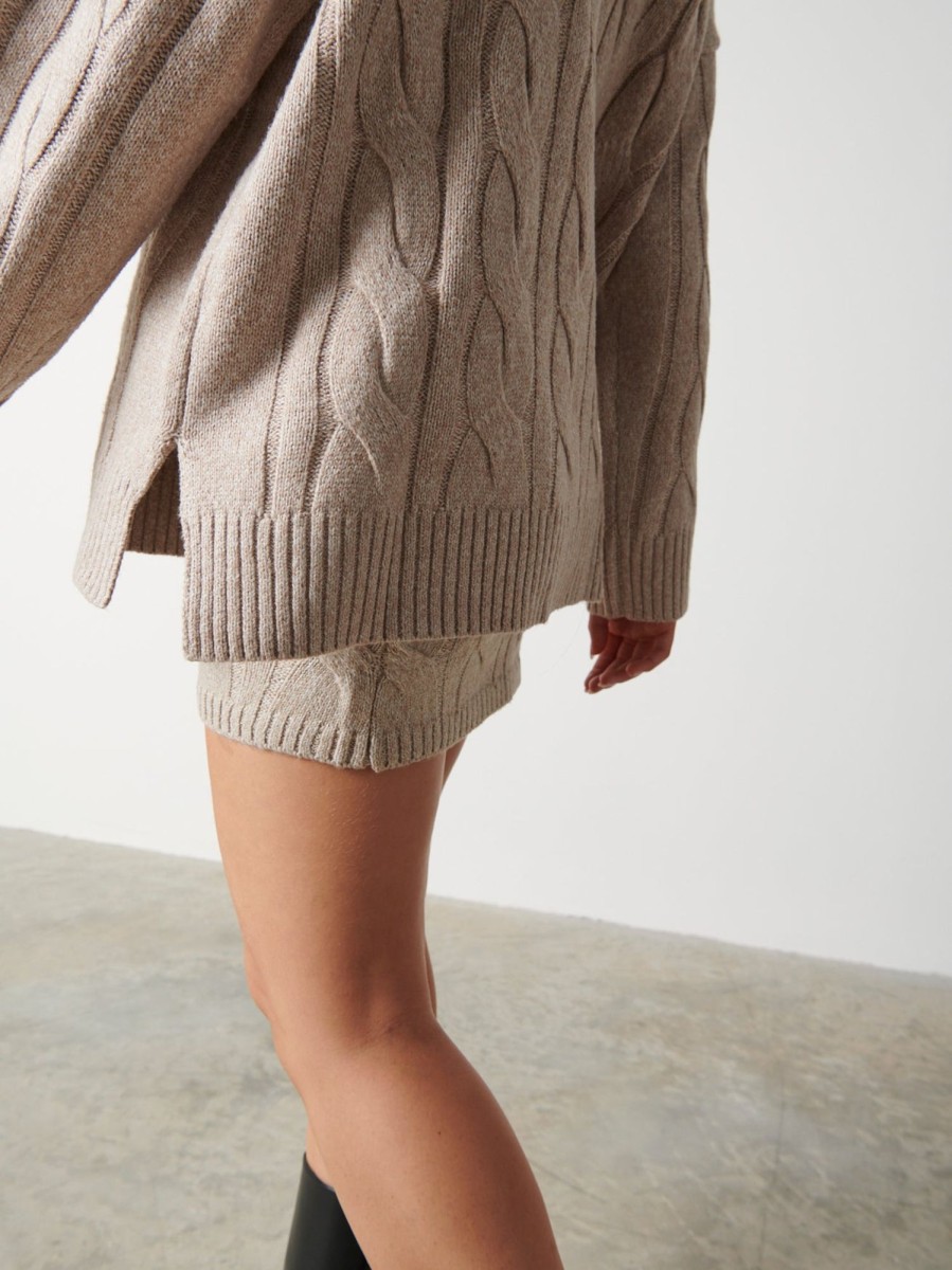 Clothing Pretty Lavish | Caprice Cable Knit Roll Neck Jumper Beige