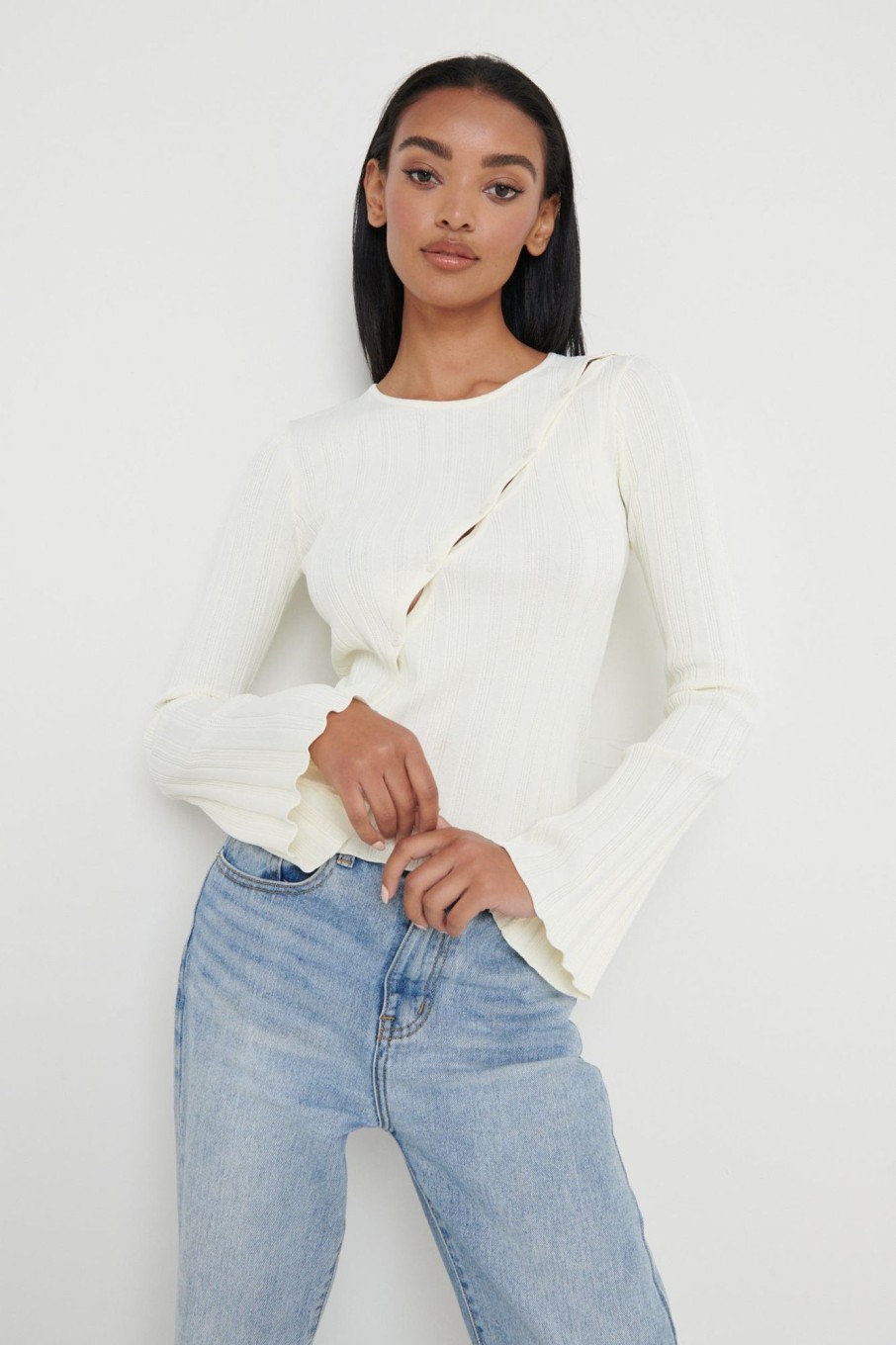 Clothing Pretty Lavish | Eden Cut Out Button Knit Top Cream