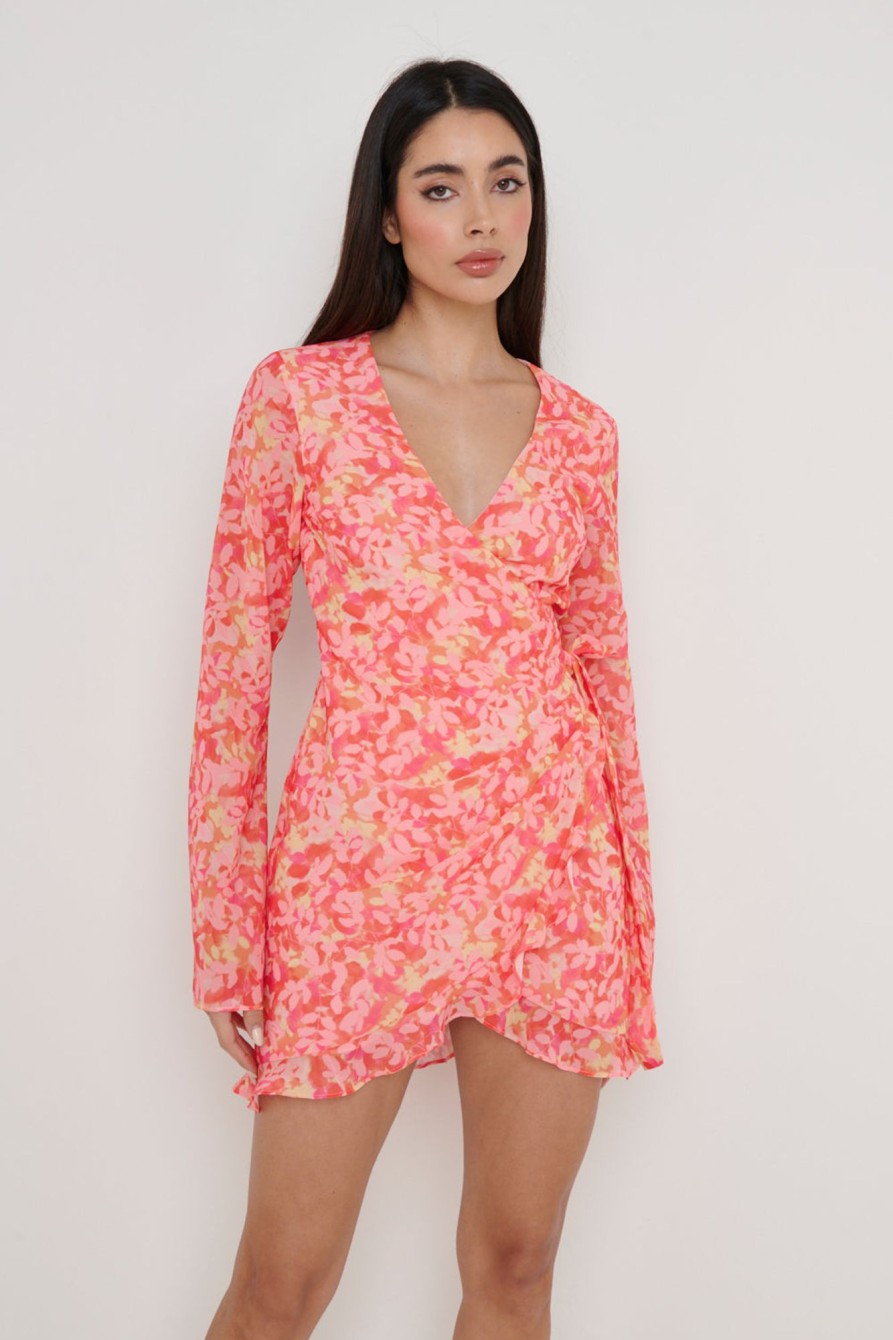 Clothing Pretty Lavish | Jessica Wrap Mini Dress Pink And Orange Floral