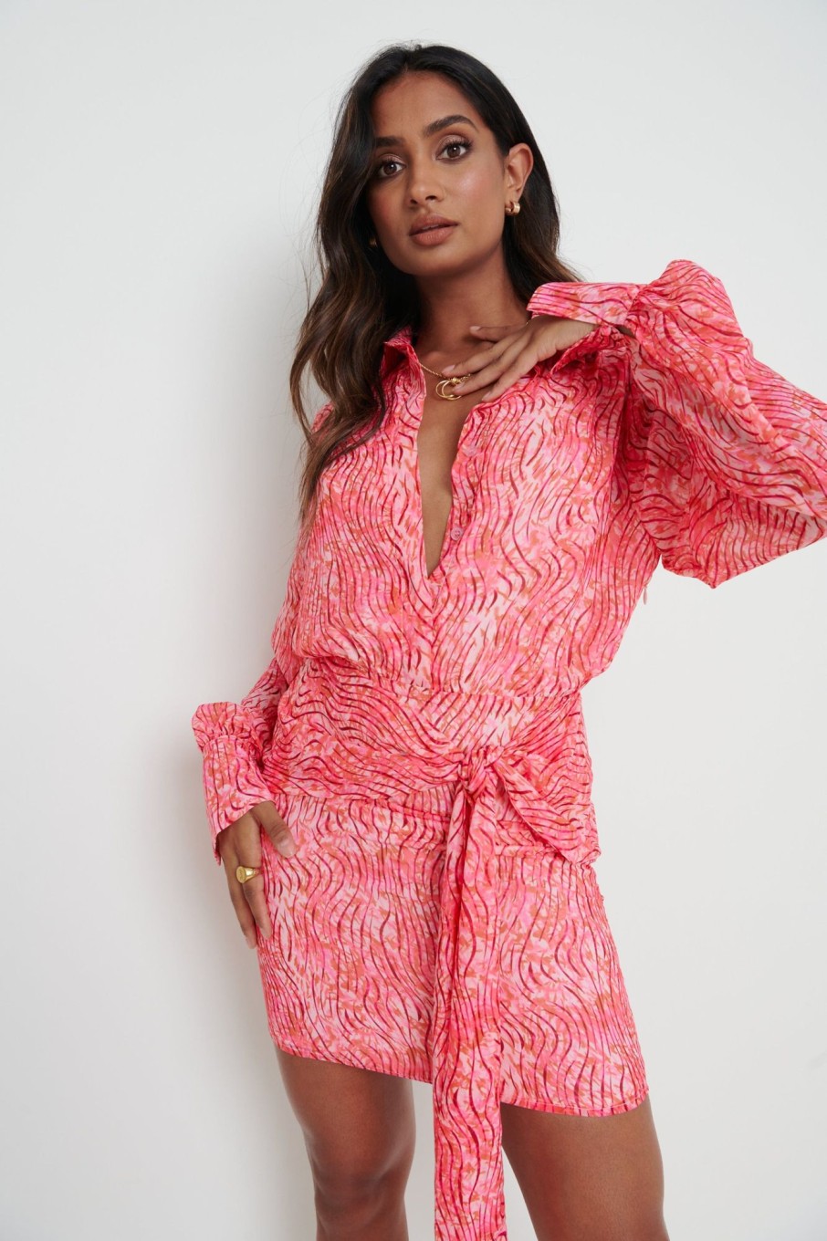 Clothing Pretty Lavish | Isla Tie Knot Mini Satin Dress Coral Swirl