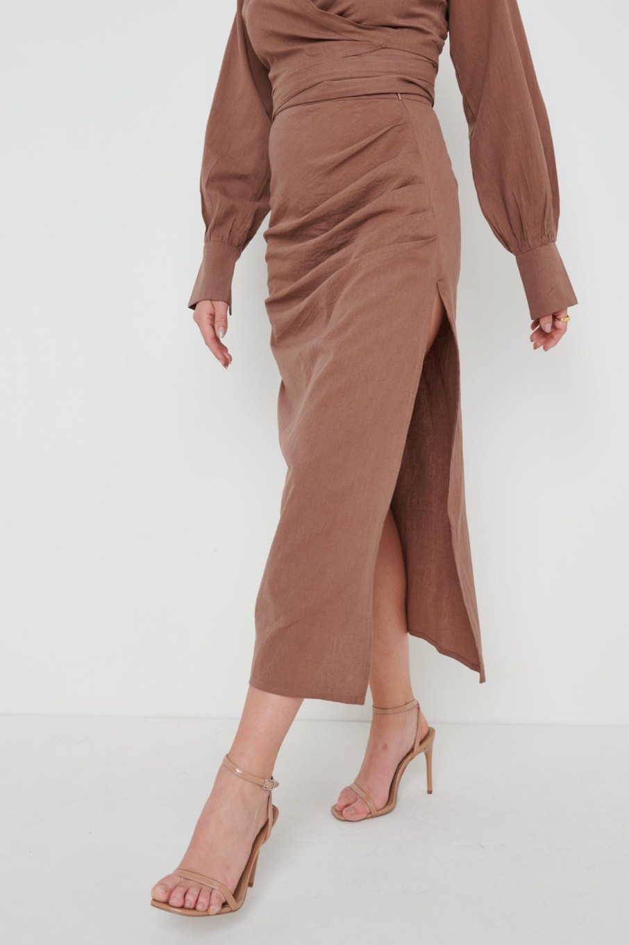 Clothing Pretty Lavish | Harrie Ruched Skirt Brown