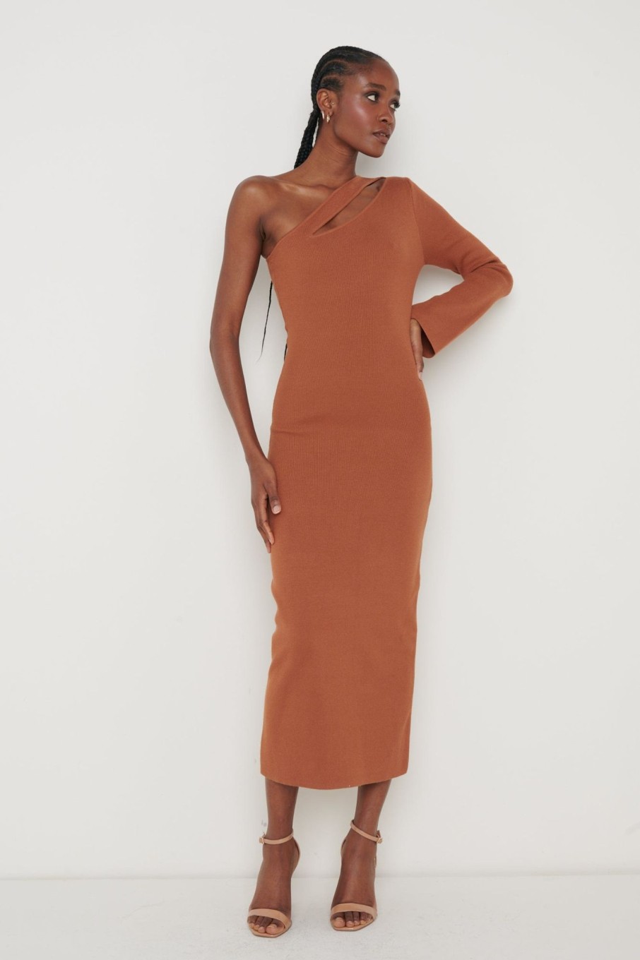 Clothing Pretty Lavish | Alayah One Shoulder Midaxi Knit Dress Ginger