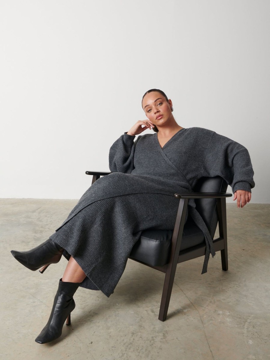 Clothing Pretty Lavish | Kinsley Ribbed Wrap Dress Curve Charcoal