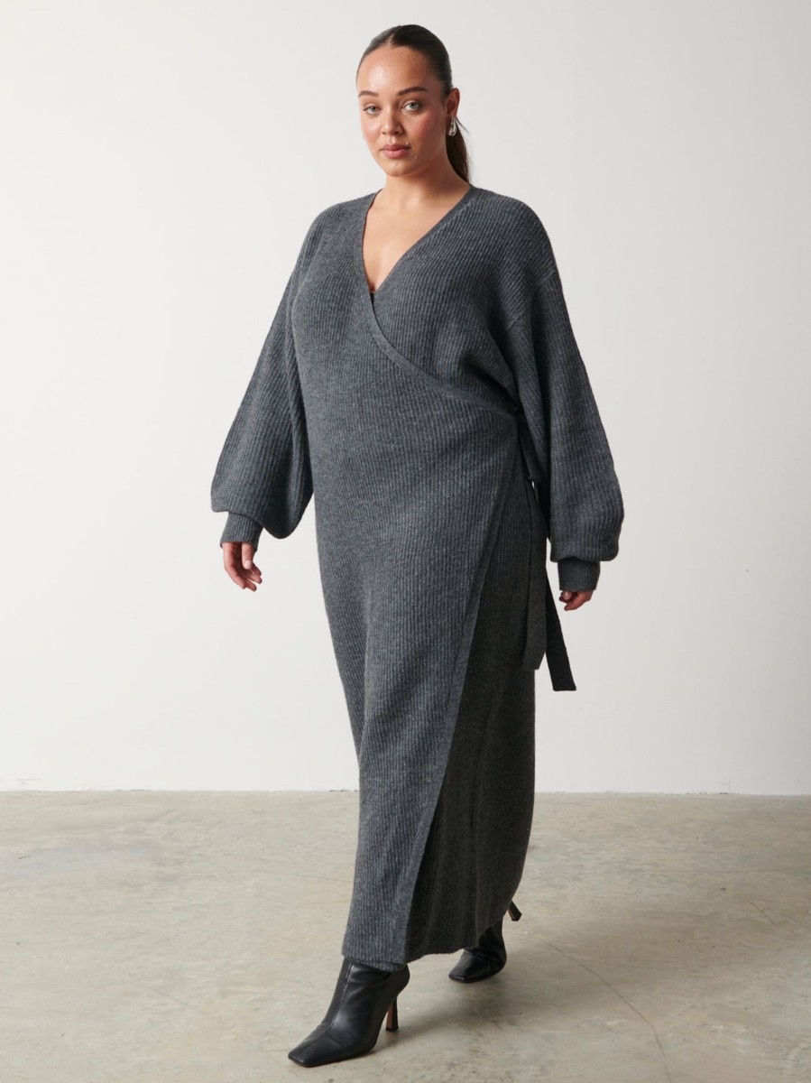 Clothing Pretty Lavish | Kinsley Ribbed Wrap Dress Curve Charcoal