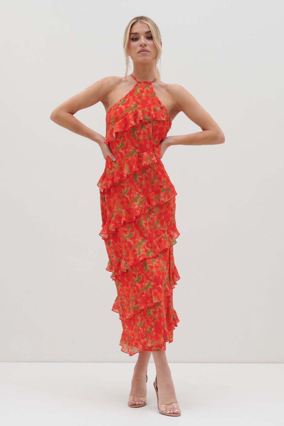 Clothing Pretty Lavish | Katy Ruffle Midaxi Dress Red And Orange Floral