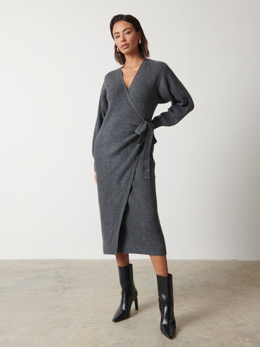 Clothing Pretty Lavish | Kinsley Ribbed Wrap Dress Charcoal