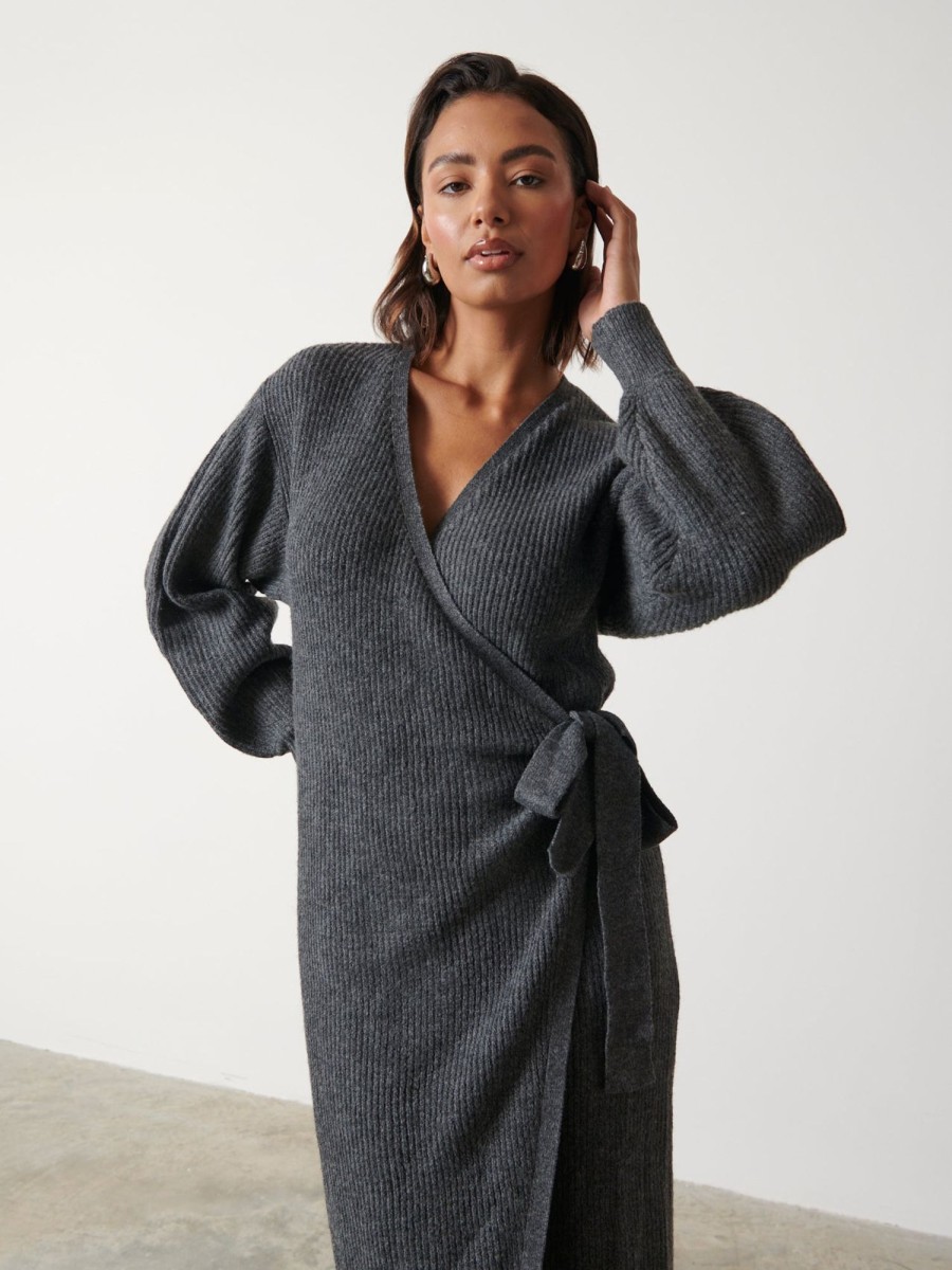 Clothing Pretty Lavish | Kinsley Ribbed Wrap Dress Charcoal