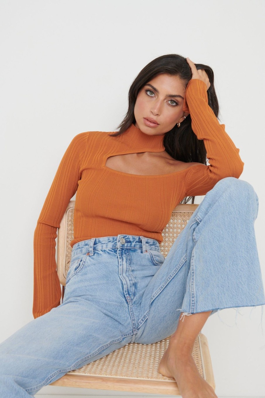 Clothing Pretty Lavish | Presley High Neck Cut Out Knit Top Orange