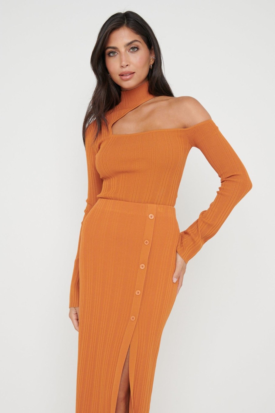 Clothing Pretty Lavish | Presley High Neck Cut Out Knit Top Orange