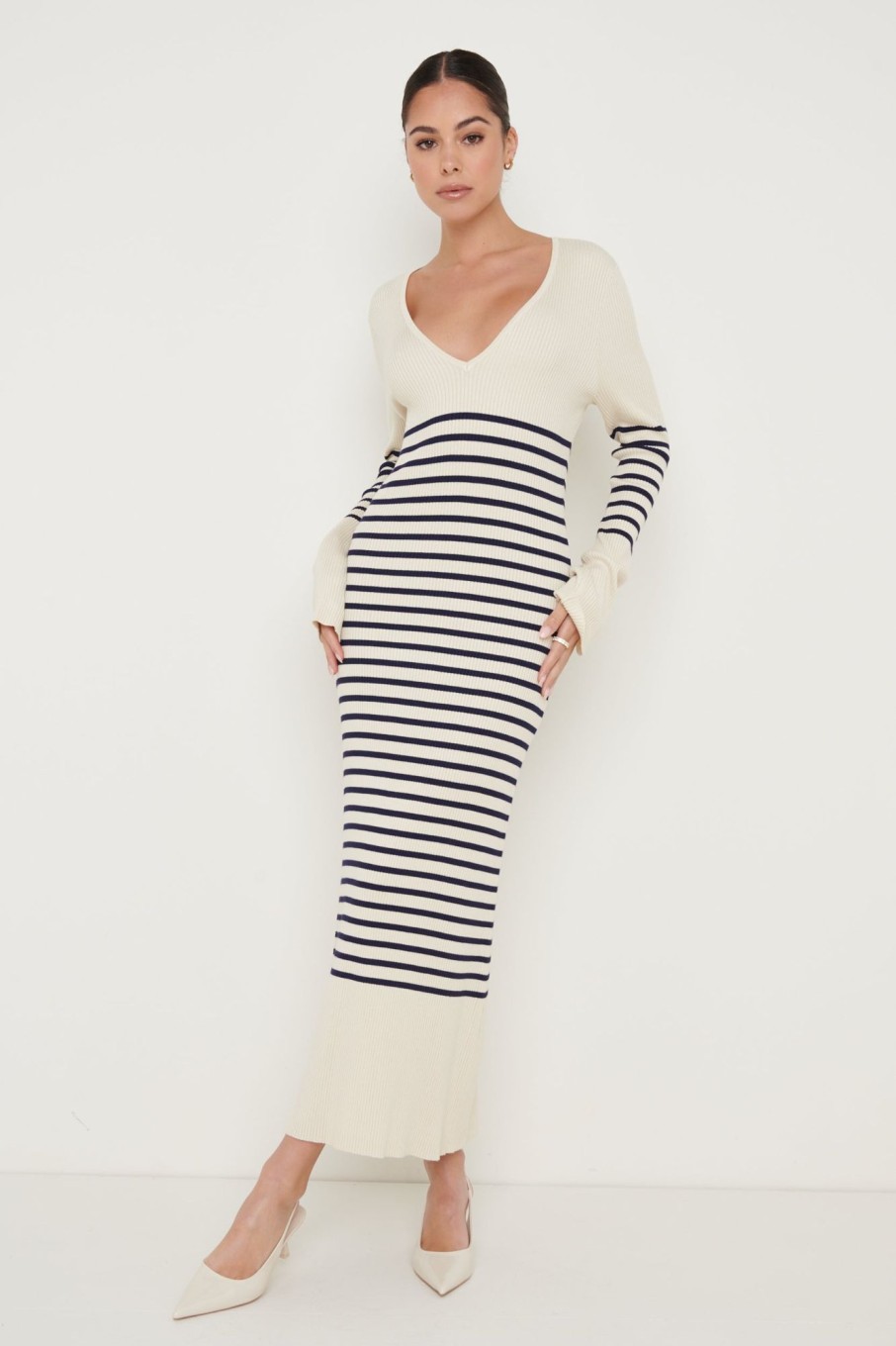 Clothing Pretty Lavish | Vanessa Striped Knit Dress Cream And Navy