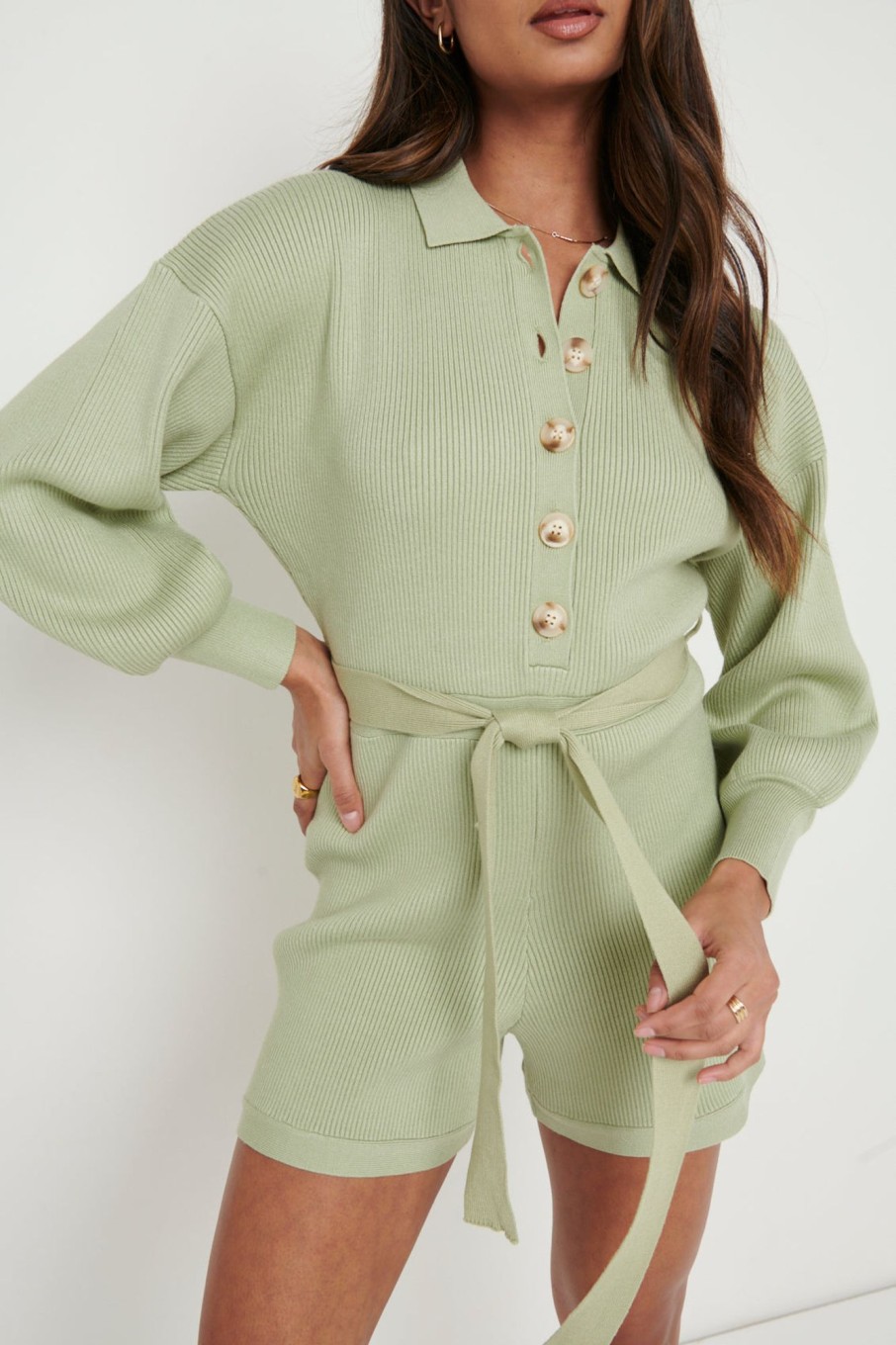 Clothing Pretty Lavish | Darcie Balloon Sleeve Knit Playsuit Olive