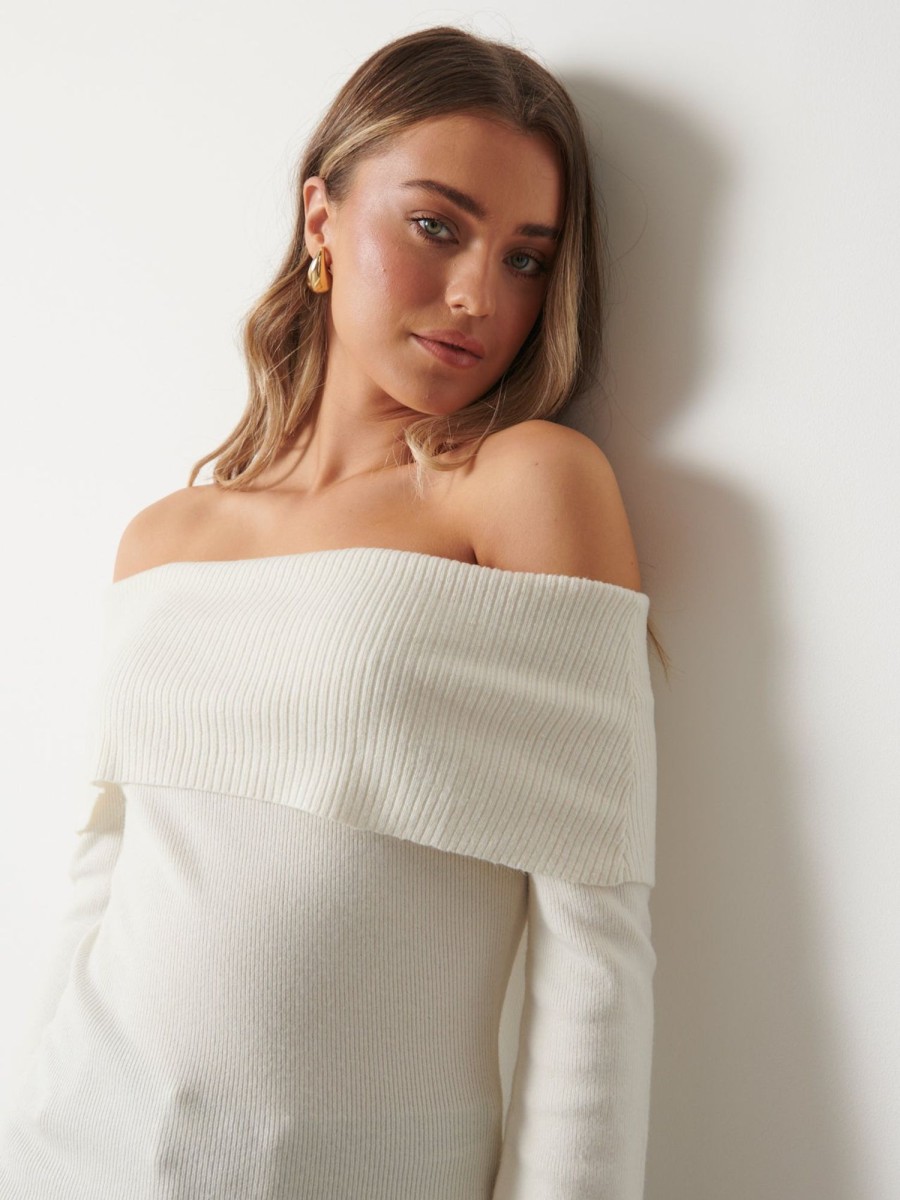 Clothing Pretty Lavish | Soreya Bardot Knit Top Cream