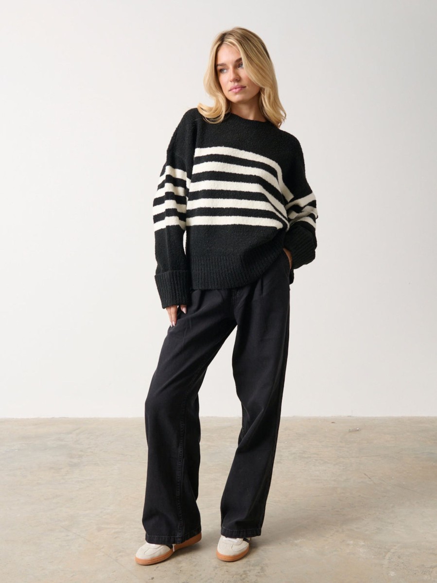 Clothing Pretty Lavish | Camille Oversized Striped Borg Jumper Black