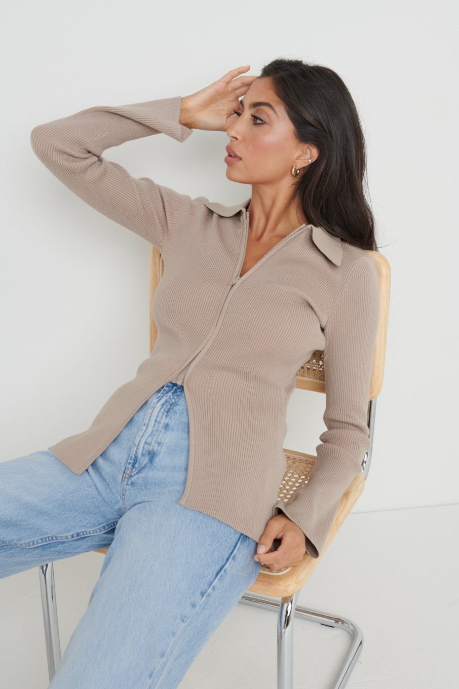 Clothing Pretty Lavish | Avery Zip Knit Collared Top Taupe