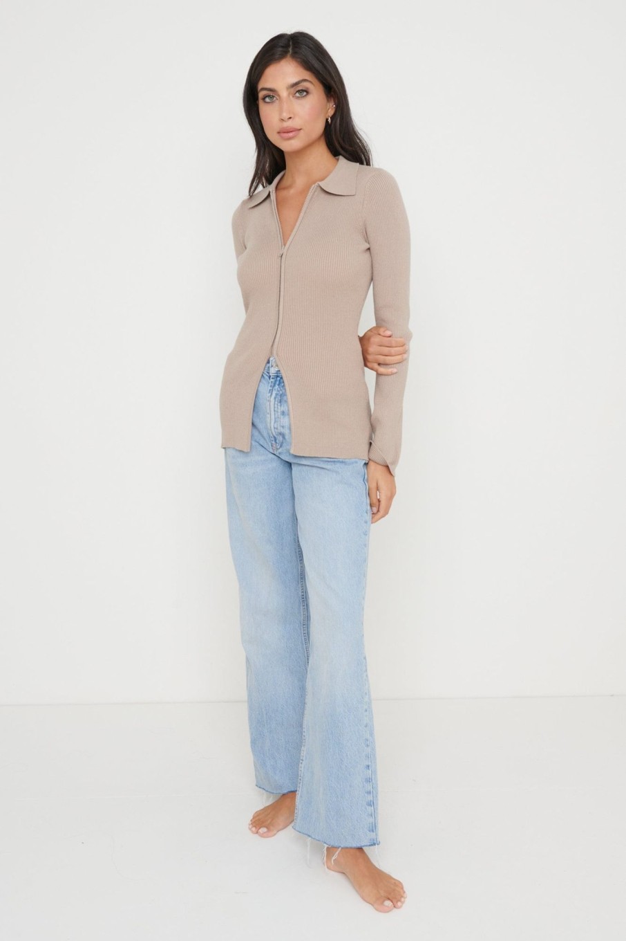 Clothing Pretty Lavish | Avery Zip Knit Collared Top Taupe