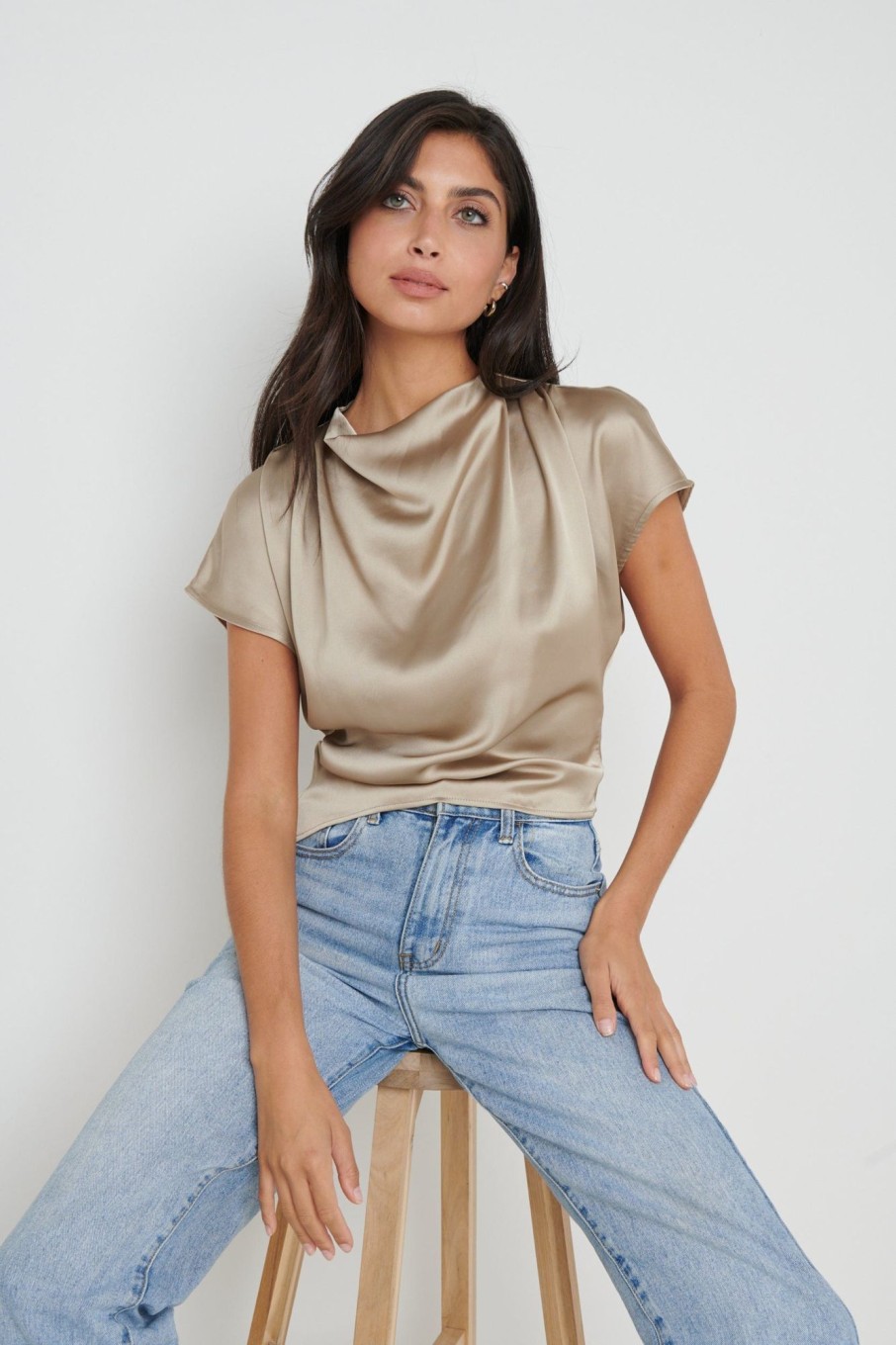 Clothing Pretty Lavish | Lilith Cropped Blouse Taupe