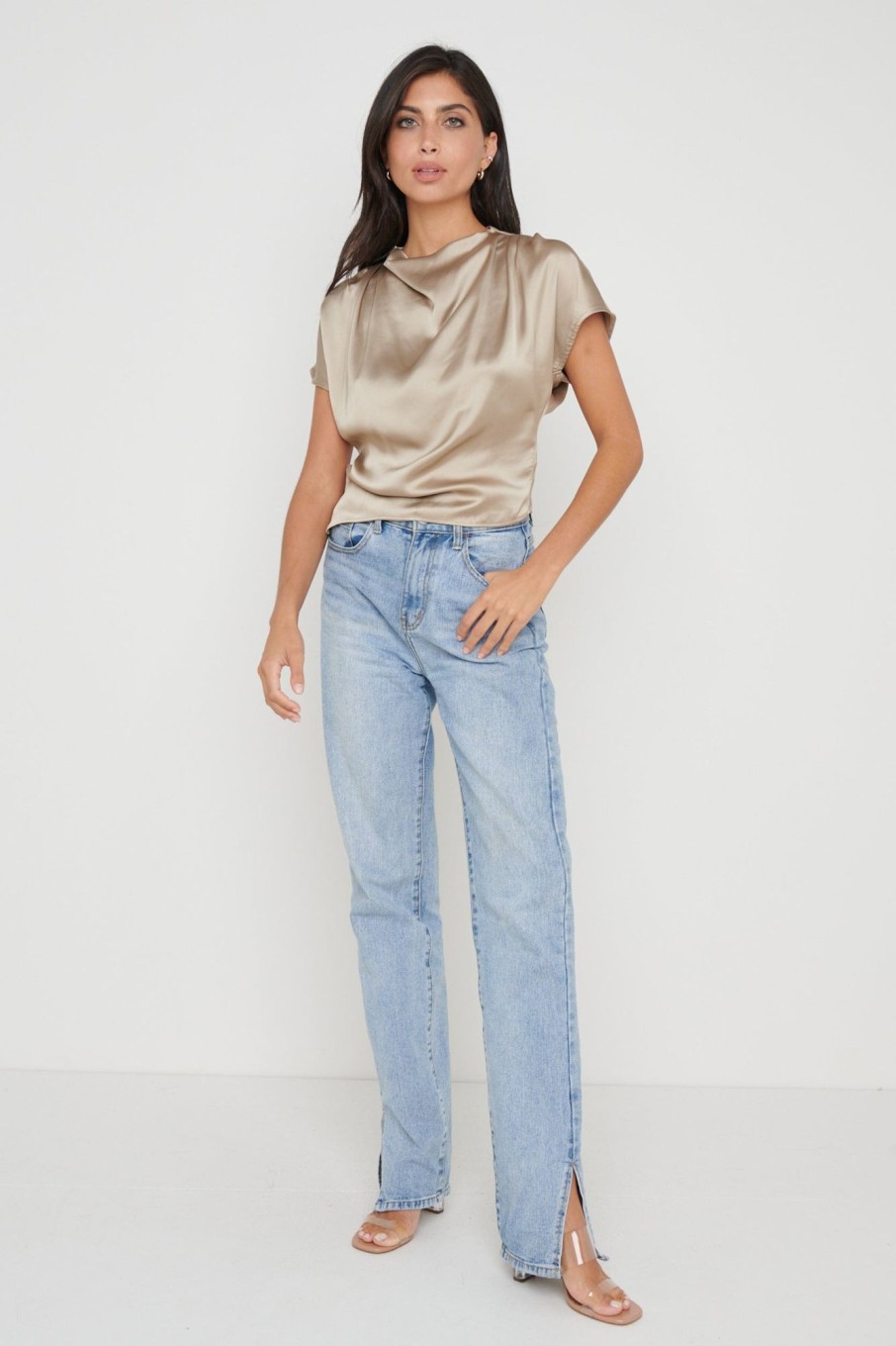 Clothing Pretty Lavish | Lilith Cropped Blouse Taupe