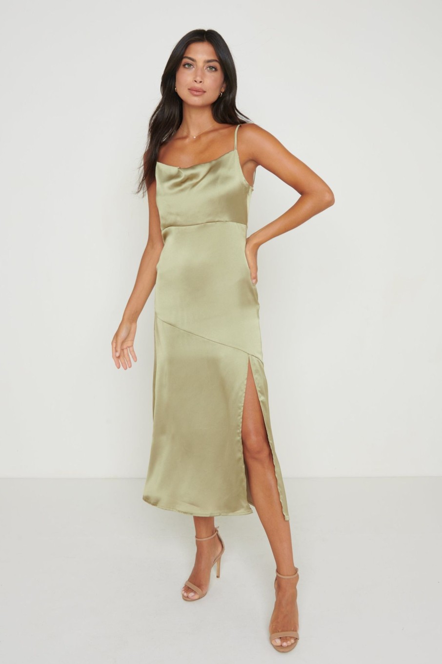 Clothing Pretty Lavish | Keisha Asymmetric Midaxi Dress Olive Grey