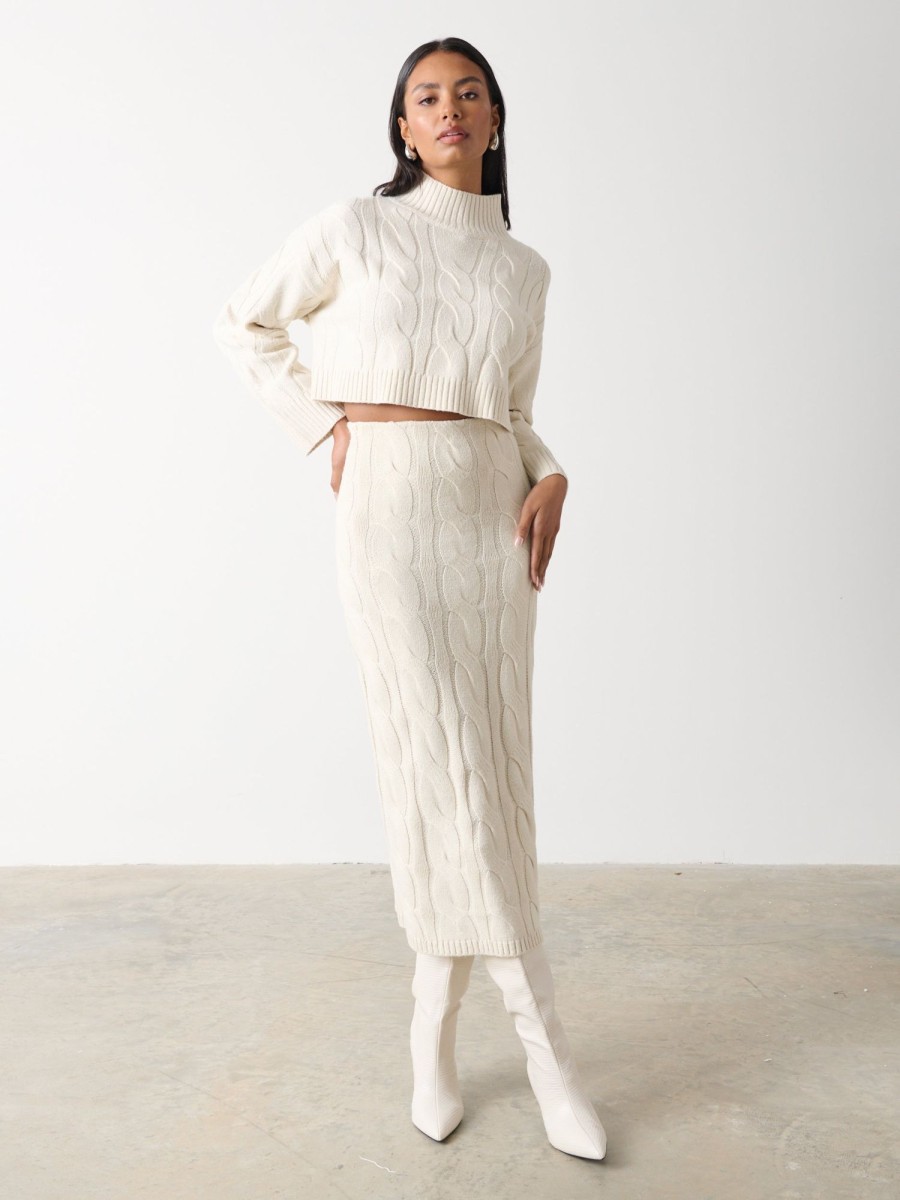 Clothing Pretty Lavish | Hunter Cable Knit Midaxi Skirt Cream