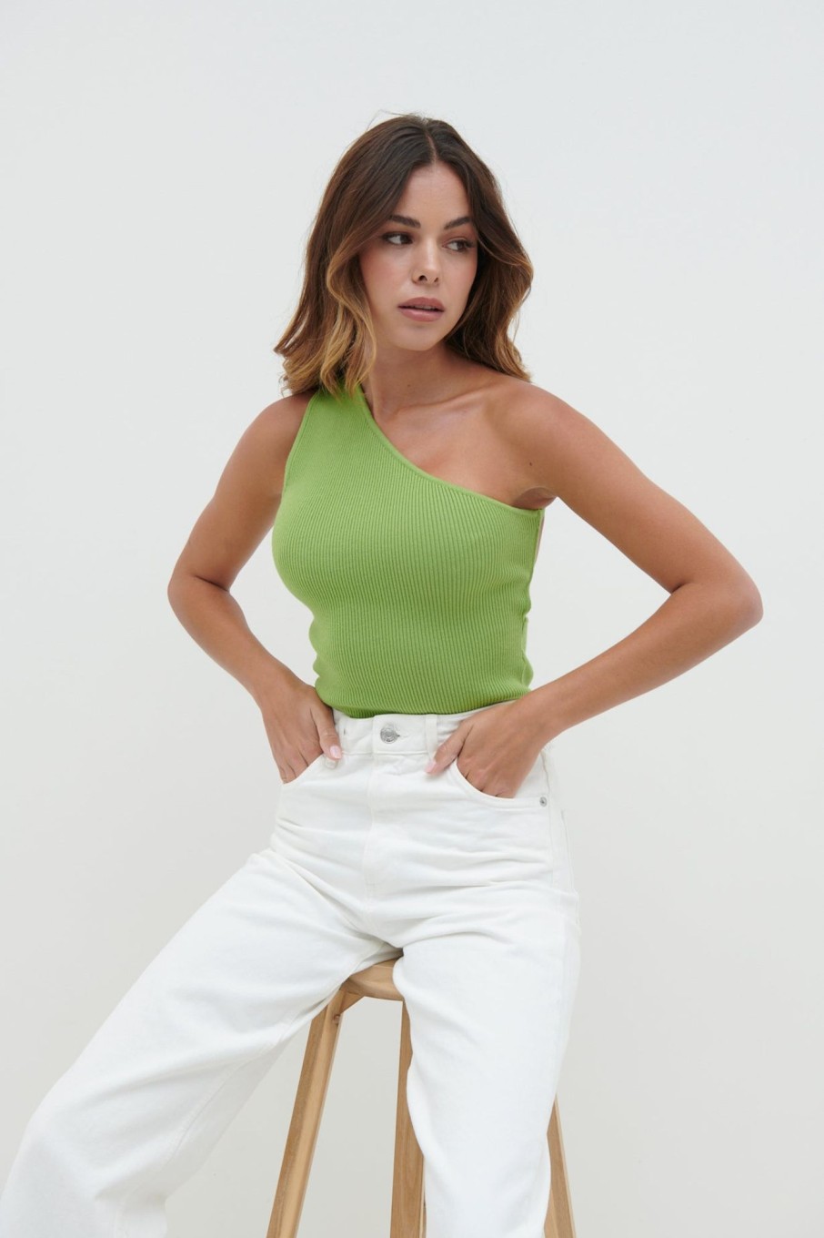 Clothing Pretty Lavish | Mckay One Shoulder Knit Top Lime