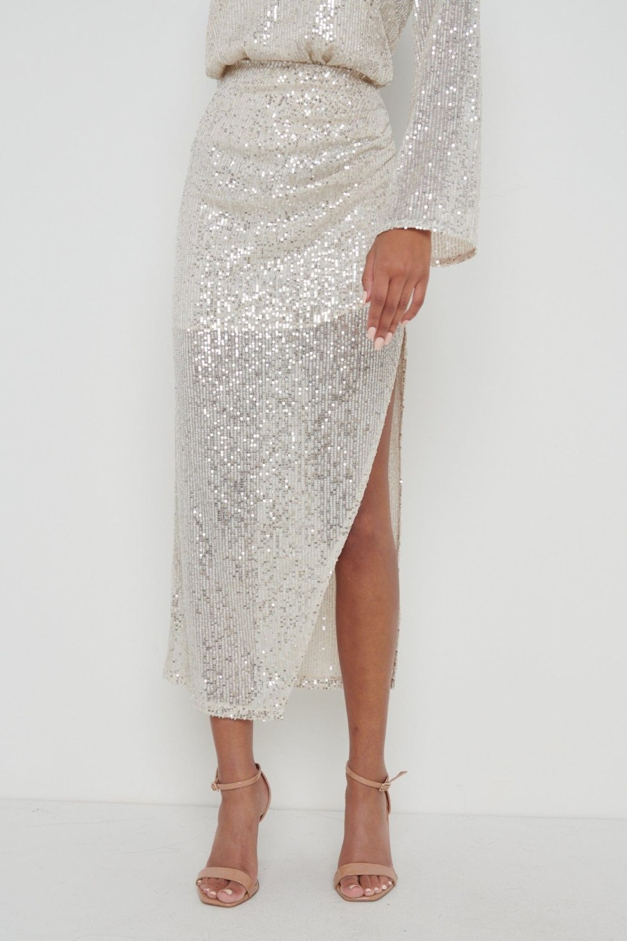 Clothing Pretty Lavish | Hendrix Slit Sequin Skirt Silver