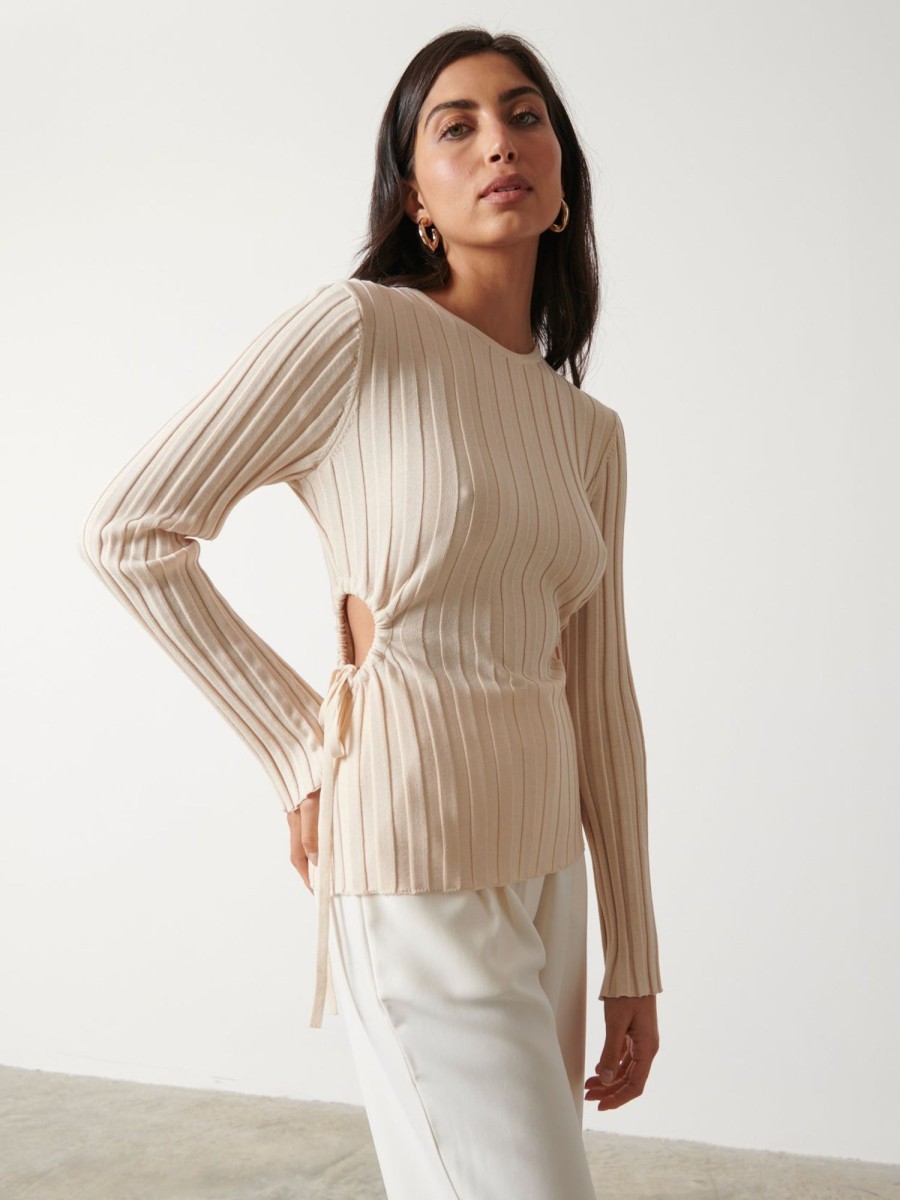 Clothing Pretty Lavish | Dahlia Cut Out Waist Knit Top Cream