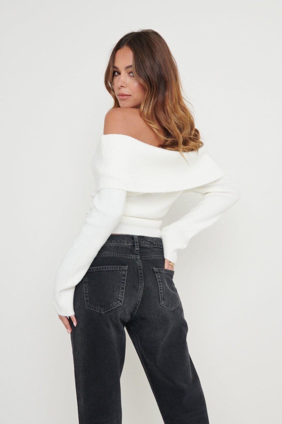 Clothing Pretty Lavish | Soreya Bardot Soft Knit Top Cream