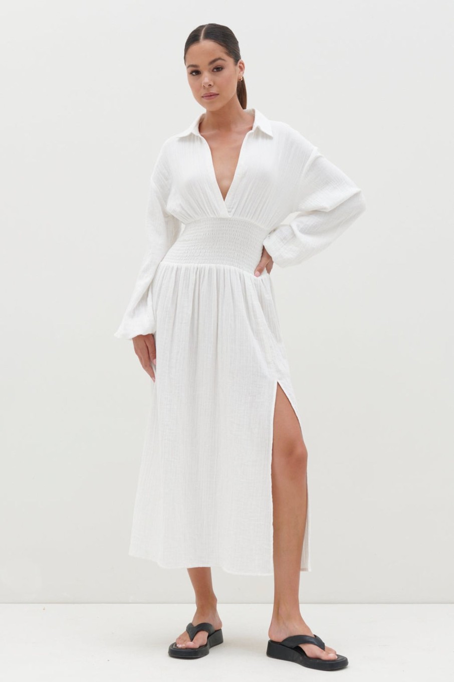 Clothing Pretty Lavish | Loretta Shirred Midaxi Dress White