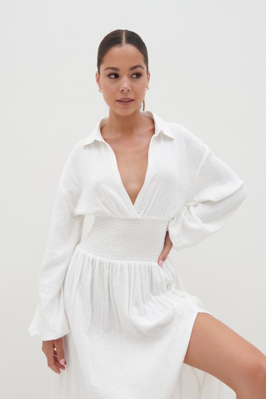 Clothing Pretty Lavish | Loretta Shirred Midaxi Dress White