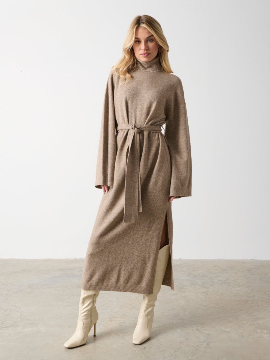 Clothing Pretty Lavish | Jayda Knit Roll Neck Midaxi Dress Taupe