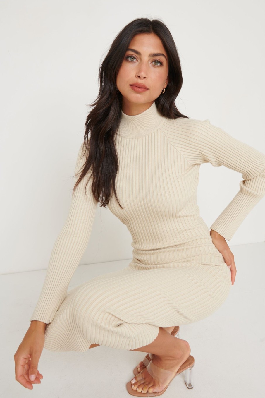 Clothing Pretty Lavish | Abbey Ribbed Knit Dress Beige