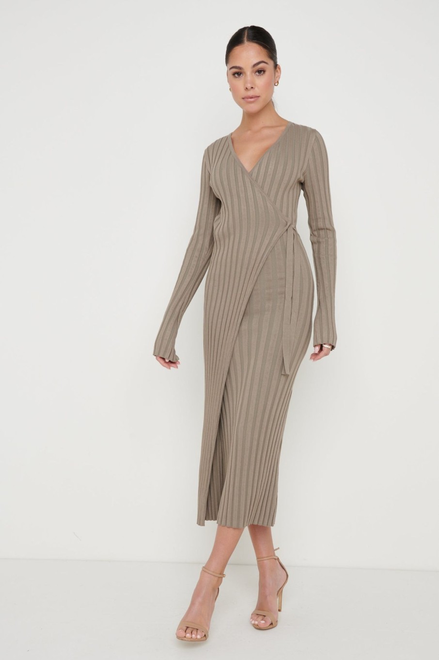 Clothing Pretty Lavish | Vinnie Wrap Tie Midaxi Dress Taupe