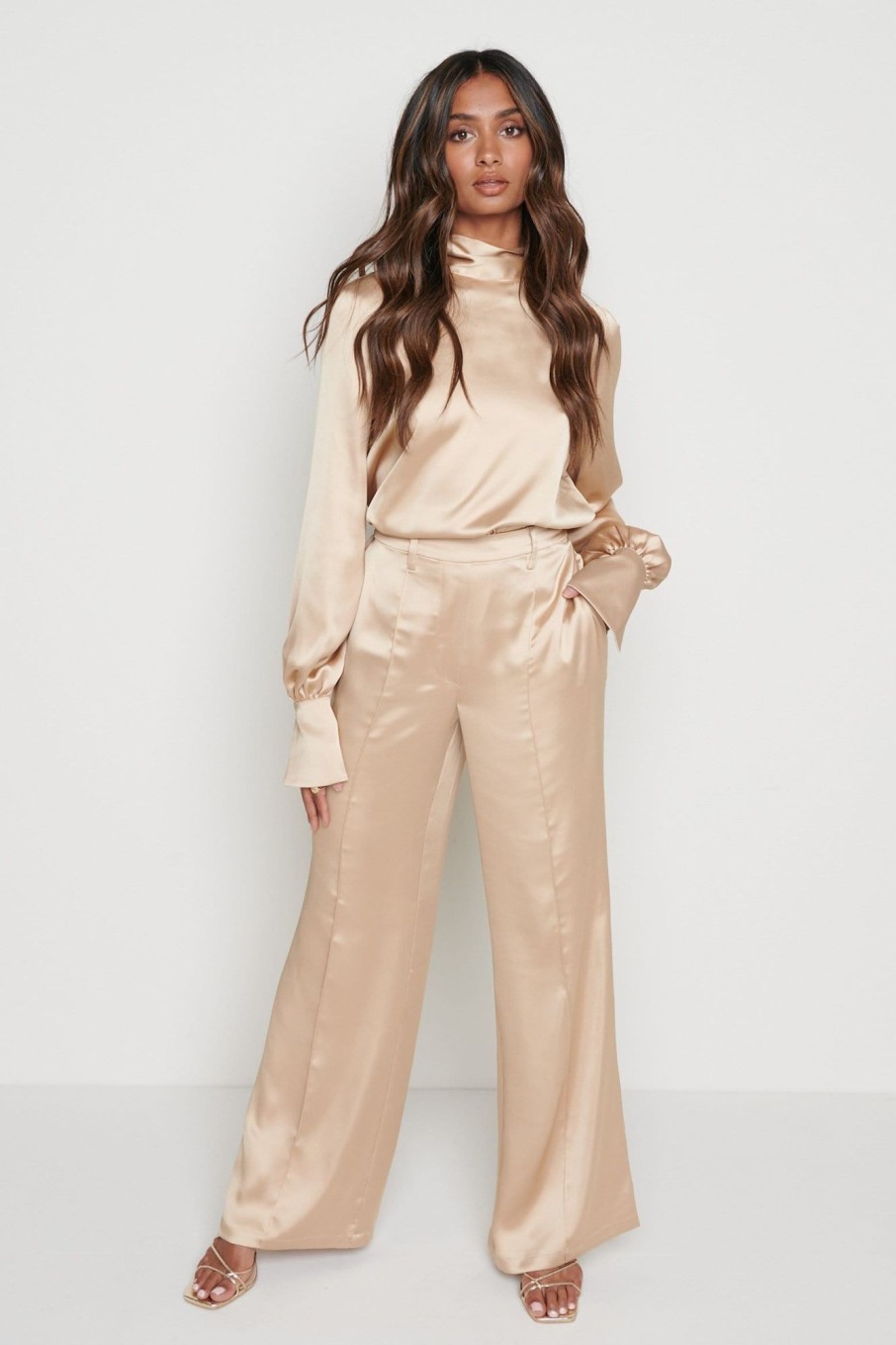 Clothing Pretty Lavish | Hailee Satin Trousers Champagne