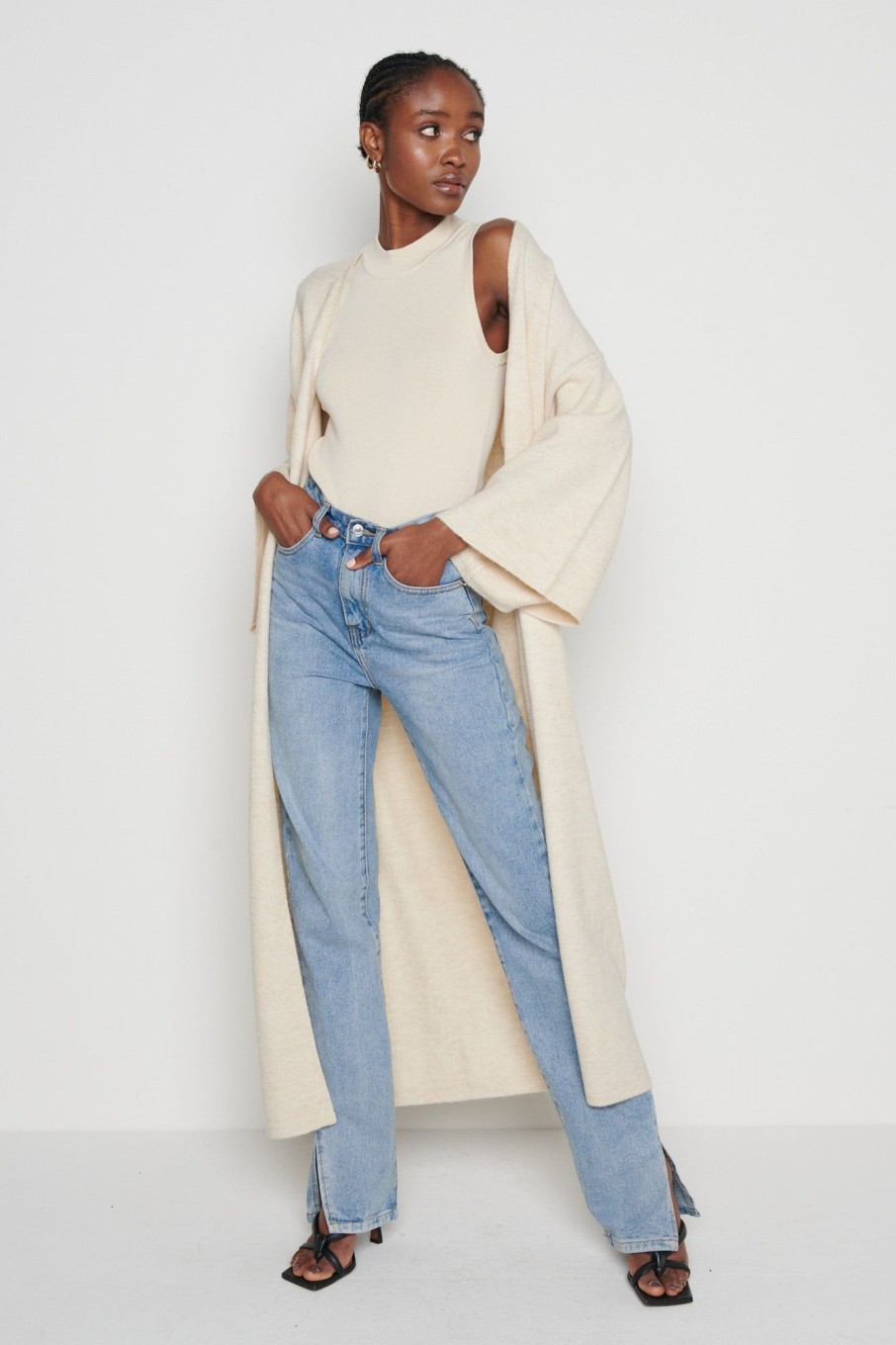 Clothing Pretty Lavish | Jean Kimono Sleeve Maxi Cardigan Beige