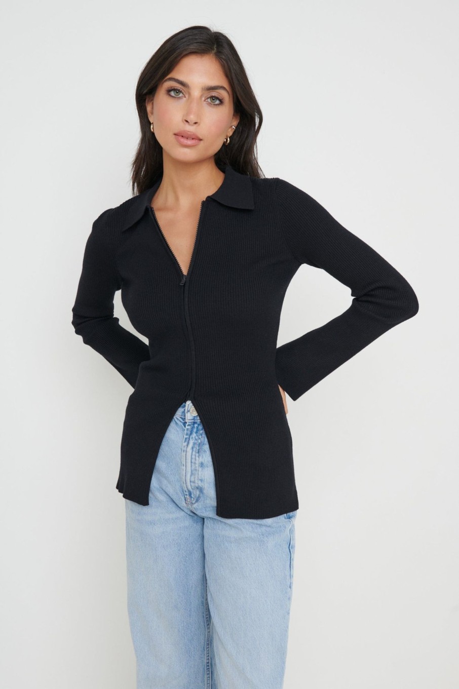 Clothing Pretty Lavish | Avery Zip Knit Collared Top Black