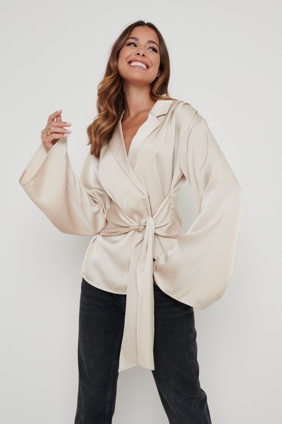 Clothing Pretty Lavish | Louis Satin Wrap Blouse Champagne